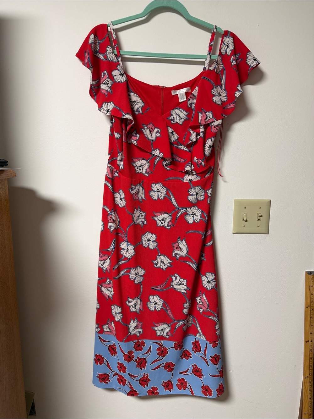 London Times Red Floral Midi Dress with Blue Border